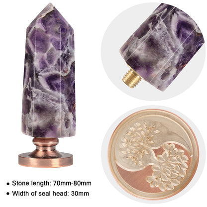 Cheungshing Amethyst Crystal Hexagon Prism Wax Seal Stamp, Detachable Vintage Copper Seals for Invitation Cards for Christmas Halloween Thanksgiving Gift, Twin Symbiotic Tree of Life Pattern