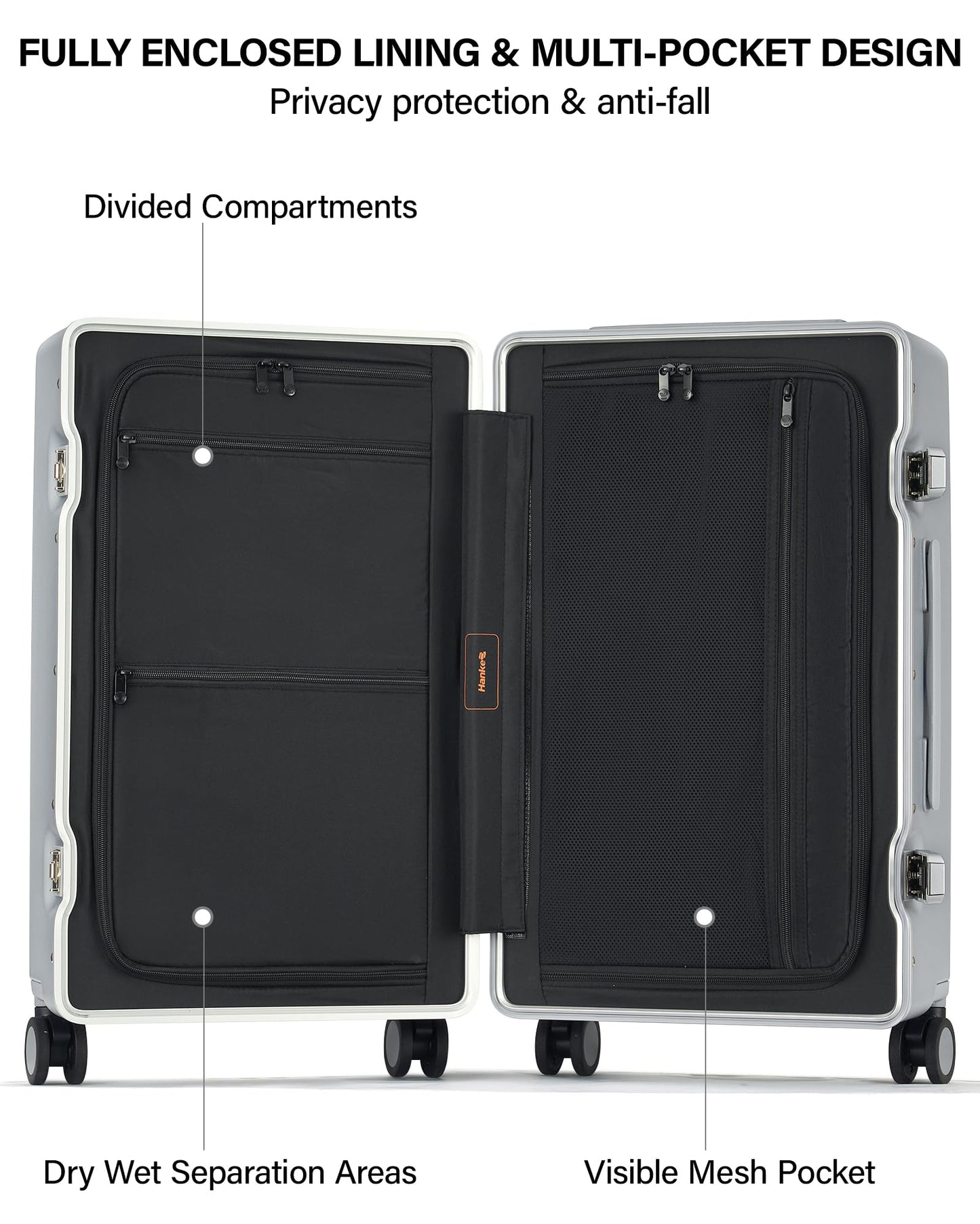 Hanke Premium 24 Inch Zipperless Medium Checked Luggage, Aluminum Frame Hard Shell PC Suitcase with TSA Lock and Multi-Handle Design, 8 Quiet Spinner Wheels for 1-2 Week Trip（Grey）