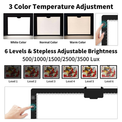 HIUKCOLED Rechargeable A3 Light Pad with Diamond Painting Light Board Carry Bag, Built-in Foldable Stand＆top Clip, 3 Colors/Stepless/6-level Brightness, Battery Powered Wireless LED Tracing Box