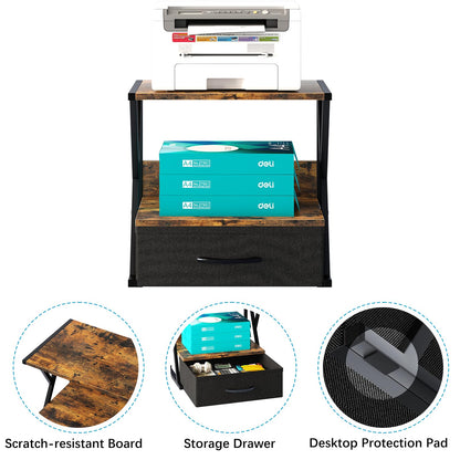 aboxoo Printer Stand for Desk with Storage Drawer, 2 Tier Desktop Or UnderDesk Shelf, Multi-Purpose Desk Organizer for Home Office, fit Fax Machine/3D Printer/Scanner, Rustic Brown