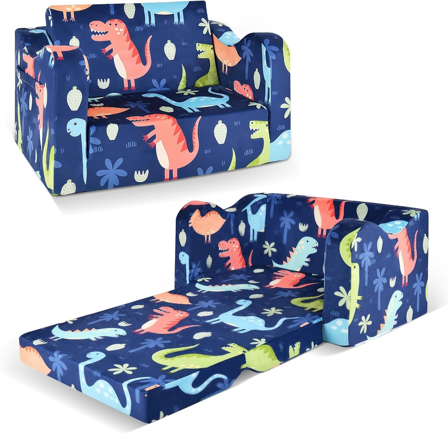 2-in-1 Kids Couch Sofa Toddler Sofa Dinosaur Foldable Toddler Couch Bed Flip Open Kids Chair for Playroom Bedroom Gift