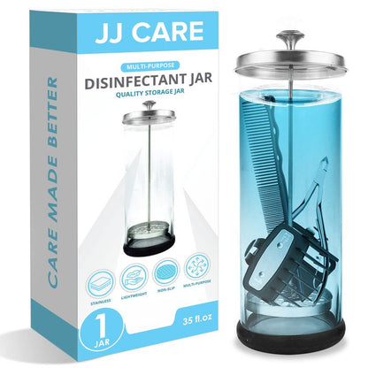 JJ CARE Disinfectant Jar (35oz) - Barber Disinfectant Jar Glass, Sanitizer Container w/Stainless Steel Removable Strainer & Cap for Manicure, Salon, Spa and Barber Tools - Silver Lid