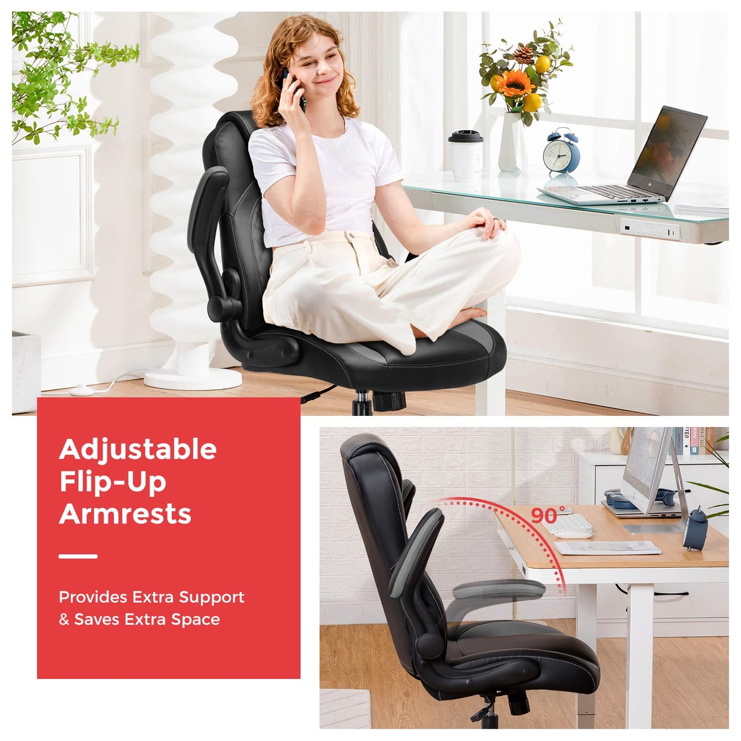 GTRACING Office Computer Gaming Chair Ergonomic Desk Chair for Adults with Lumbar Support Flip-Up Arms Adjustable Height Swivel Wheels PU Leather Executive Design for Short People Use, Gray