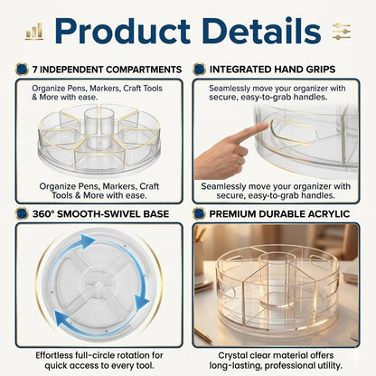 CraftGenes Rotating Desk Organizer, 360° Acrylic Pen Organizer for Desk with 7 Removable Compartments, Extra-Large Pen Holder for Office Supplies, Markers, and Art Supplies, Clear Pencil Holder
