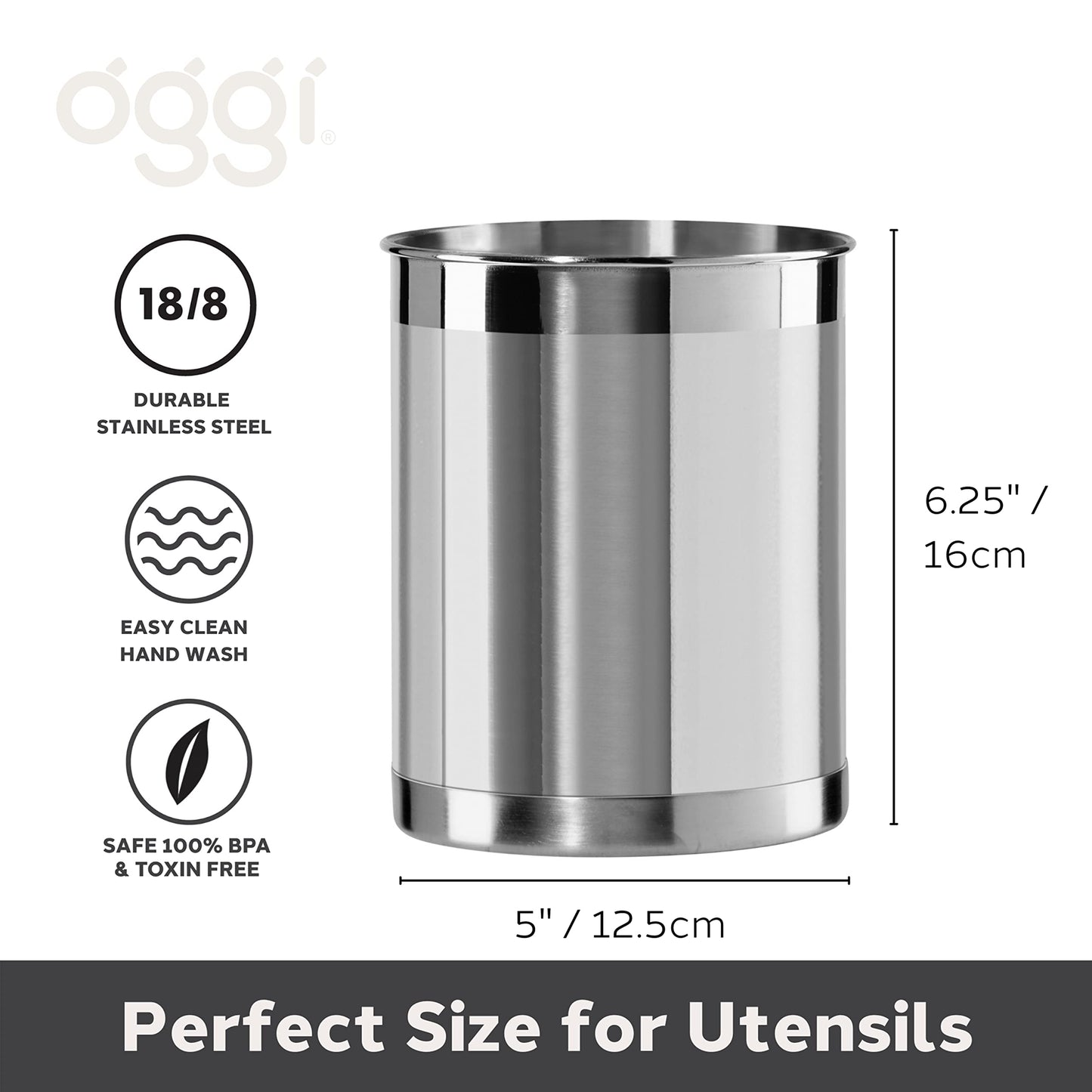 Oggi Stainless Steel Utensil Holder - 5" Diameter, Utensil Caddy, Weighted Base for Stability - Larger-Sized Utensil Crock and Countertop Utensil Organizer, Stainless Steel