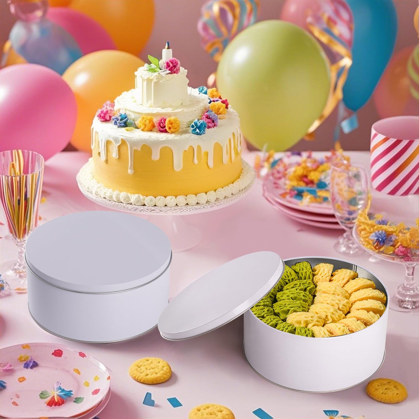 Yopay 3 Pack Cookie Tin with Lid, Round Sturdy Gift Tin, White Baking Cake Container for Storing Patisseries, Snack, Chocolate, Easter, Special Occasion, Holidays, 7" Wide by 3.2" Tall