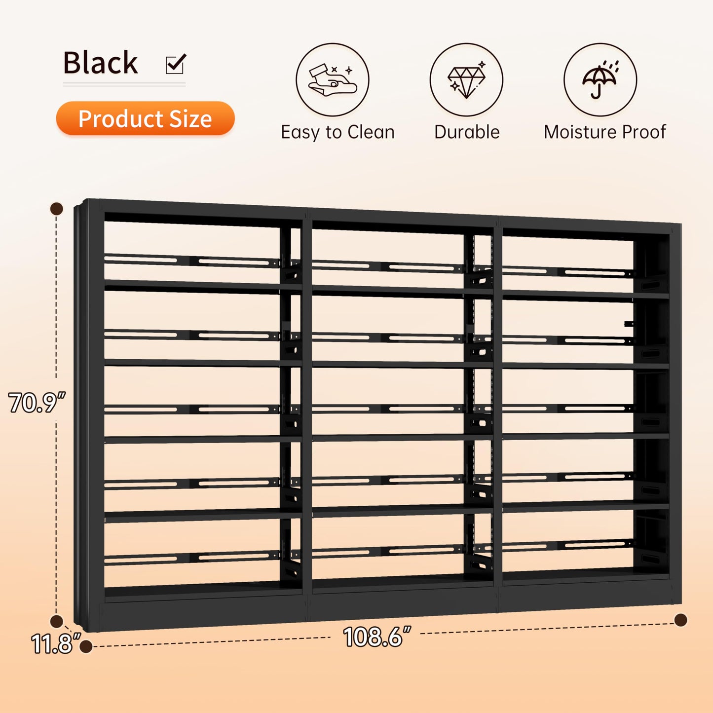 Jazipic 5-Tier Bookcase with Adjustable Storage Shelves, Metal Bookshelf with Book Stopper, Bookcase Shelf for Library, Office, Living Room (Black(1 Column,3 Combination Bookshelves))