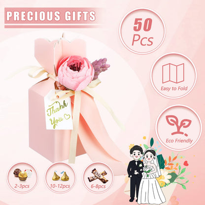 TaoBary 50 Pcs Wedding Favor Boxes Pink Party Favor Box with Ribbon and Flower DIY Chocolate Candy Gift Treat Bags for Engagement Bridal Baby Shower Birthday Anniversary Party Decorations