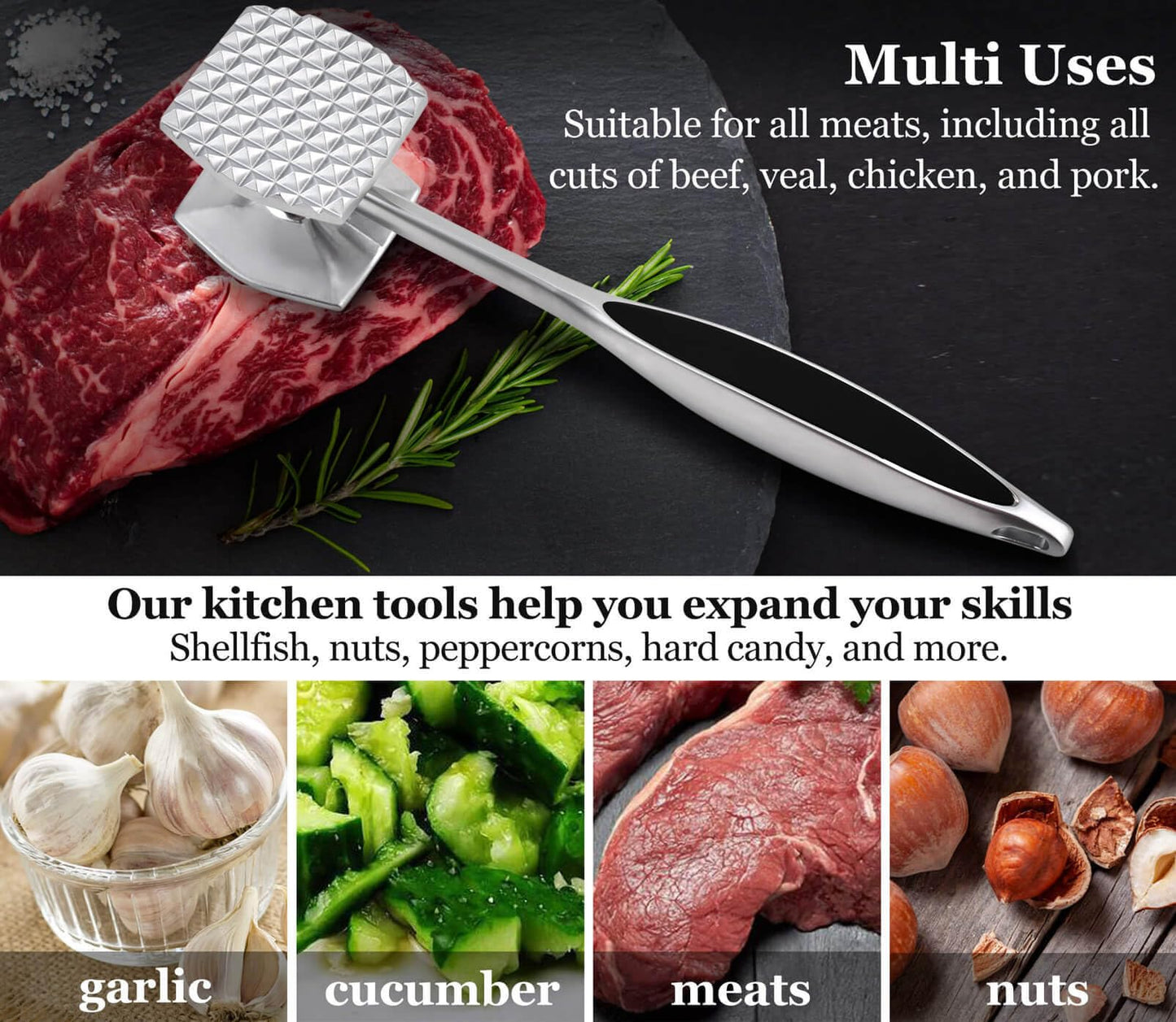 Aliglow Meat Tenderizer Hammer Tool Pounder For Tenderizing Steak Beef Poultry, Heavy Duty Dual-Sided Mallet with Soft Grip Handle - Multifunctional Kitchen Beater for Chicken,Fish, Baking