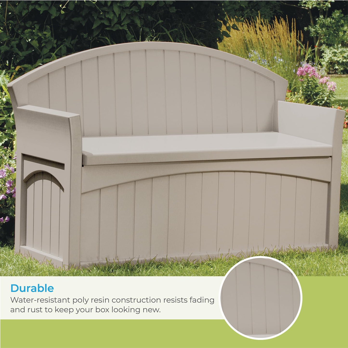 Suncast 50 Gallon Patio Bench with Storage - Decorative Resin Outdoor Patio Bench for Deck, Patio, Garden, Backyard - Ideal for Storing Toys, Cushions, Tools - Taupe ()