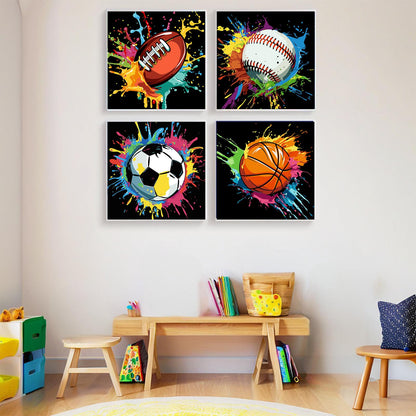 bleihum 4 Pack Paint by Numbers Kit for Kids with Frame Wooden Easel, Easy Paint by Number Kids Sports, DIY Acrylic Oil Football Painting by Numbers for Home Wall Decor 8x8 Inch