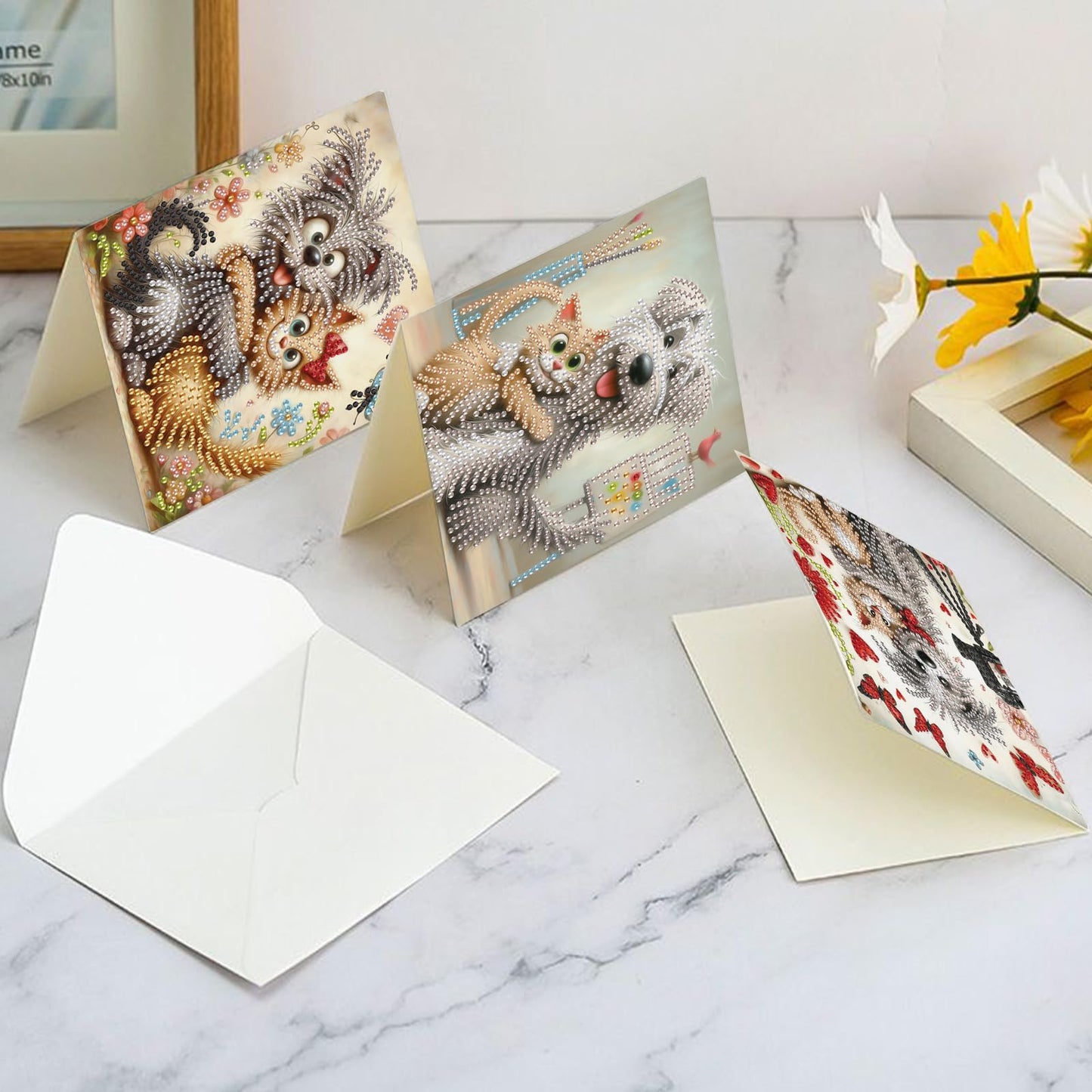 6 Pcs 5D Diamond Painting Greeting Cards Kits, Handmade Festival Greeting Cards with Envelopes DIY Diamond Art Crafts Birthday Cards Laser Effect for Birthdays Holidays Celebrations (Cat Dog Cuddling)