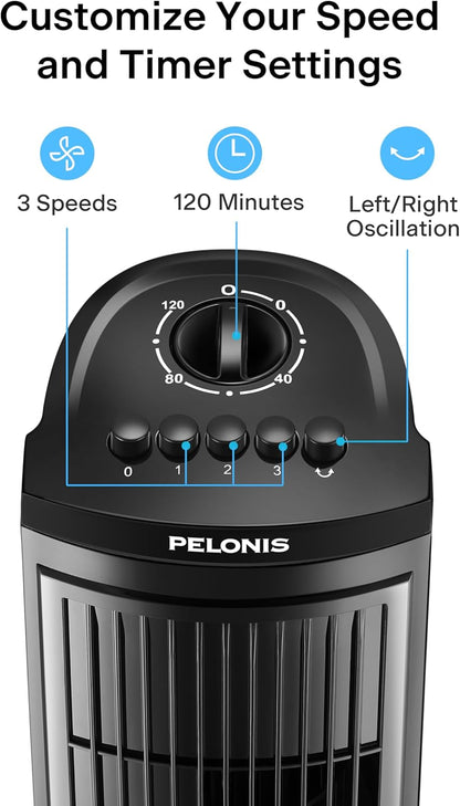 Pelonis 30-Inch Oscillating Tower Fan - 3 Speed Settings & Auto-Off Timer | Black, Medium Size
