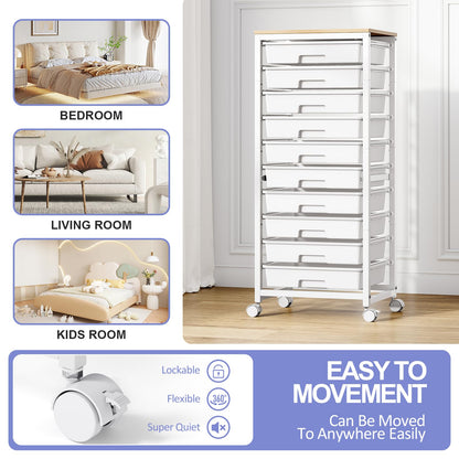 SYKIARIOL Rolling Cart with Drawers,10 Drawer Rolling Cart,Storage Cart with Wheels,Utility Cart with Drawers,Teacher Cart for Classroom Storage,Craft Cart with Wheels and Wooden Tabletop,White