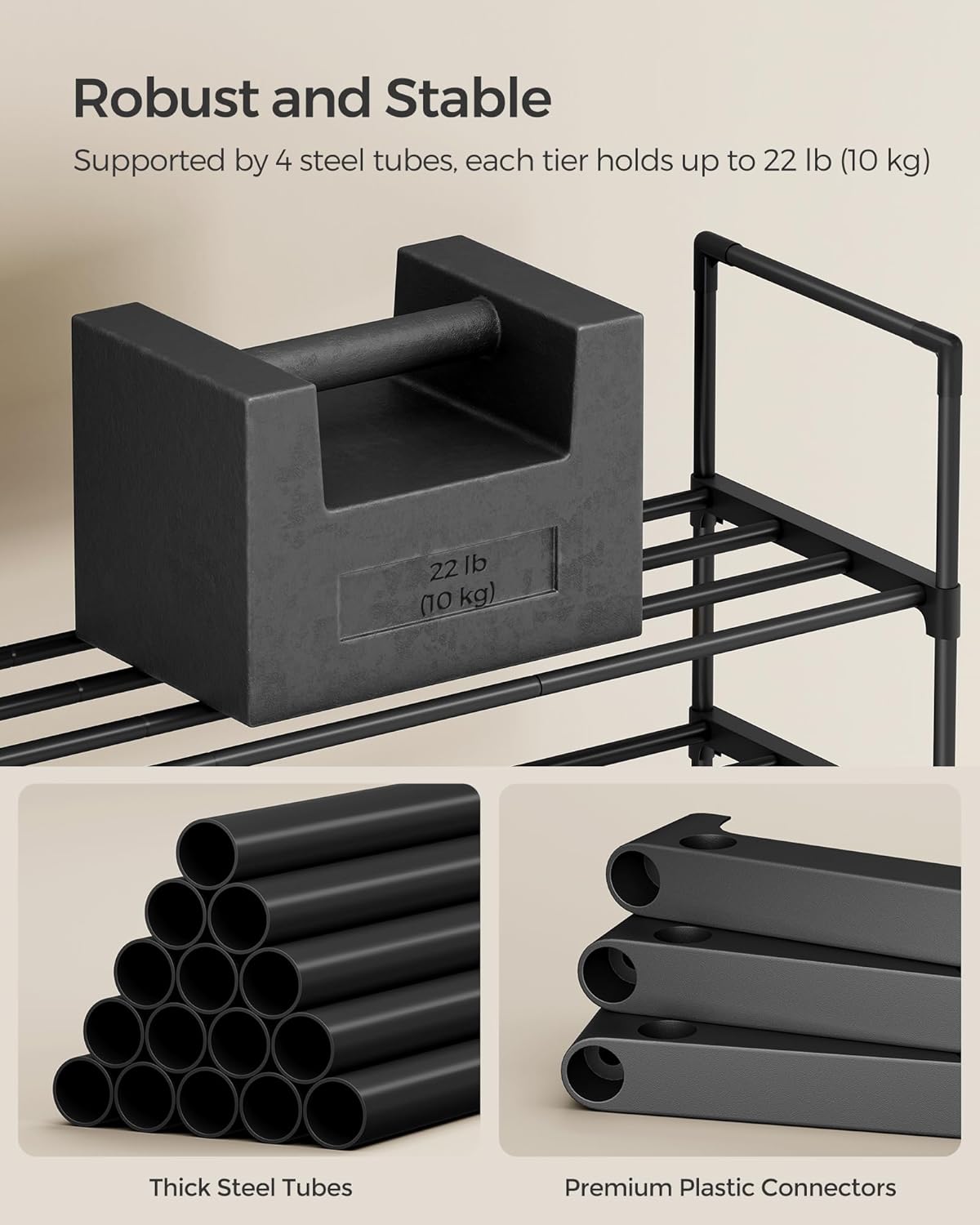SONGMICS Shoe Rack - 3-Tier Metal Organizer for 16-20 Pairs | Stackable & Versatile Design, Black 11.8 x 36.2 x 21.7 Inches