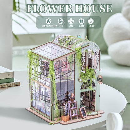 Miniature Flower House Kit, DIY Flower Dollhouse Booknook Making Set, 3D Wooden Puzzle Bookshelf Decor with Furniture for Adults & Teenagers