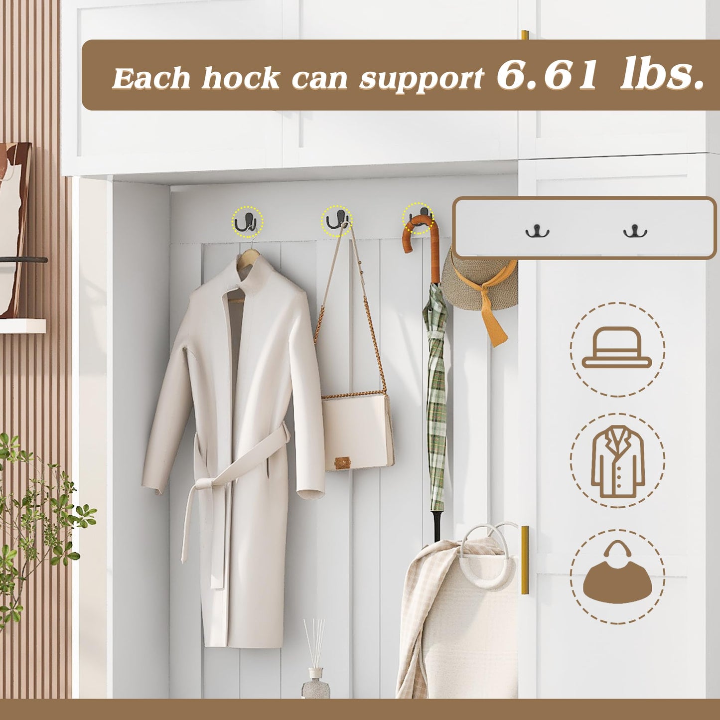 Merax 4-in-1 Hall Tree with Padded Bench, Coat Hooks, and Multi-Tier Storage Shelves – American Style Entryway Organizer for Shoes, Bags, Hats, and Daily Essentials, White