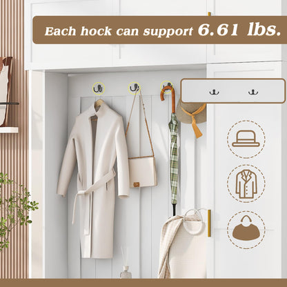 Amposei Modern Hall Tree with Shoe Storage Bench & Coat Rack, 79.72''H Tall Entryway Cabinet Organizer with 6 Doors, 4 Hooks & Padded Seat for Hallway Mudroom Living Room, White