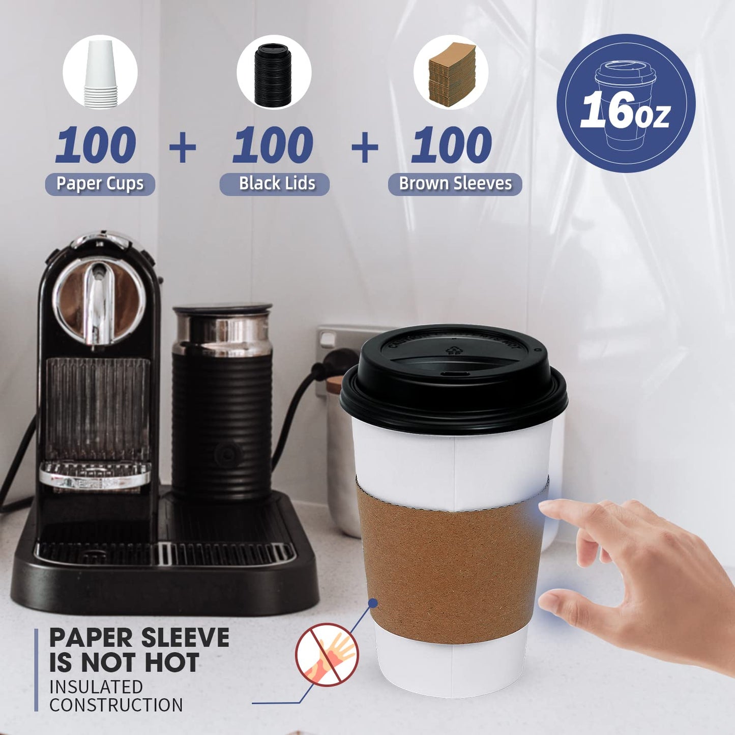 Ginkgo [100 Pack 16 oz Disposable Coffee Cups with Lids and Sleeves - To Go Coffee Cups for Hot Drinks, Chocolate, Cocoa and Coffee Bar