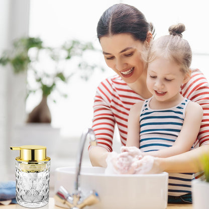 Abriclo Glass Foaming Soap Dispenser 2 Pack Refillable Foaming Hand Soap Dispenser with Gold Large Pump Wide Opening for Bathroom Kitchen Countertop Modern Home Decor with Elegant Pattern, Transparent