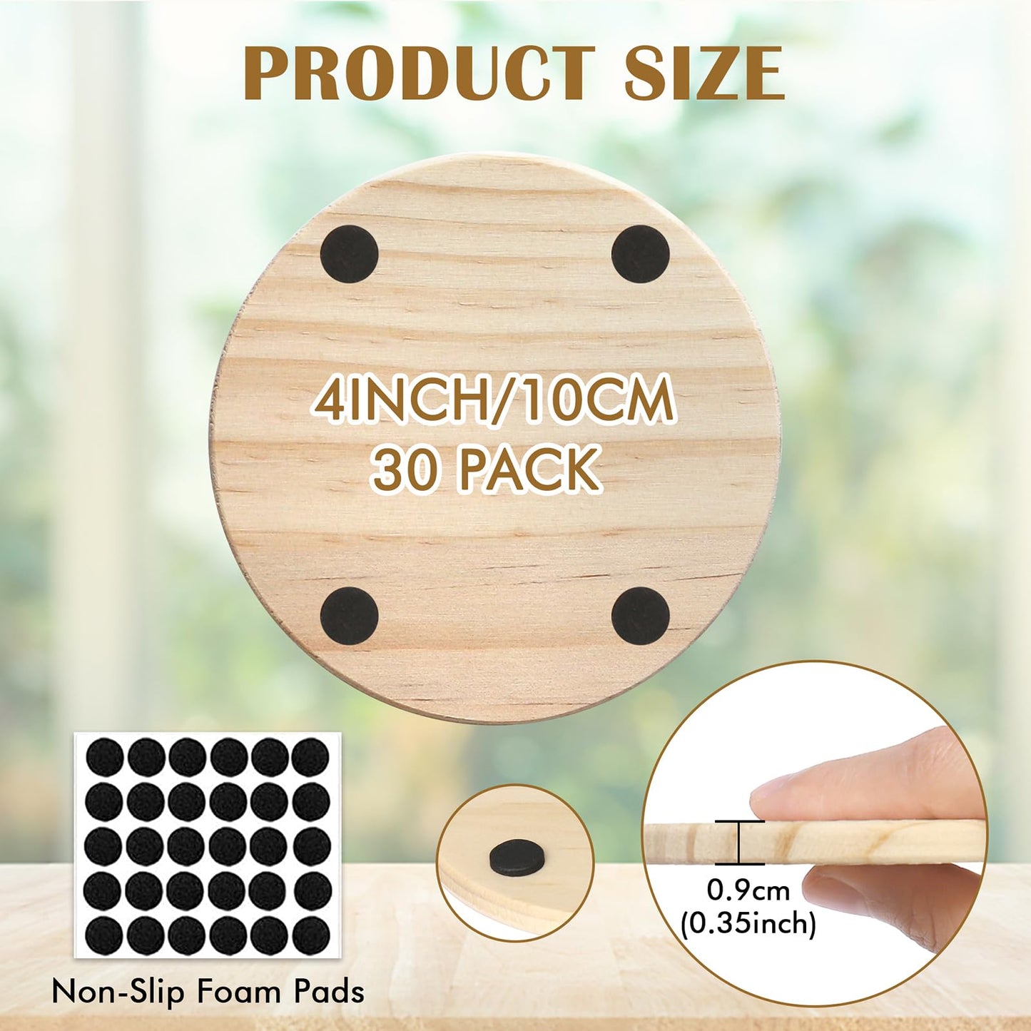 30 Pieces Unfinished Wood Coasters, 4 Inch Round Blank Wooden Coasters for Crafts with Non-Slip Silicon Dots for DIY Stained Painting Wood Engraving Home Decoration