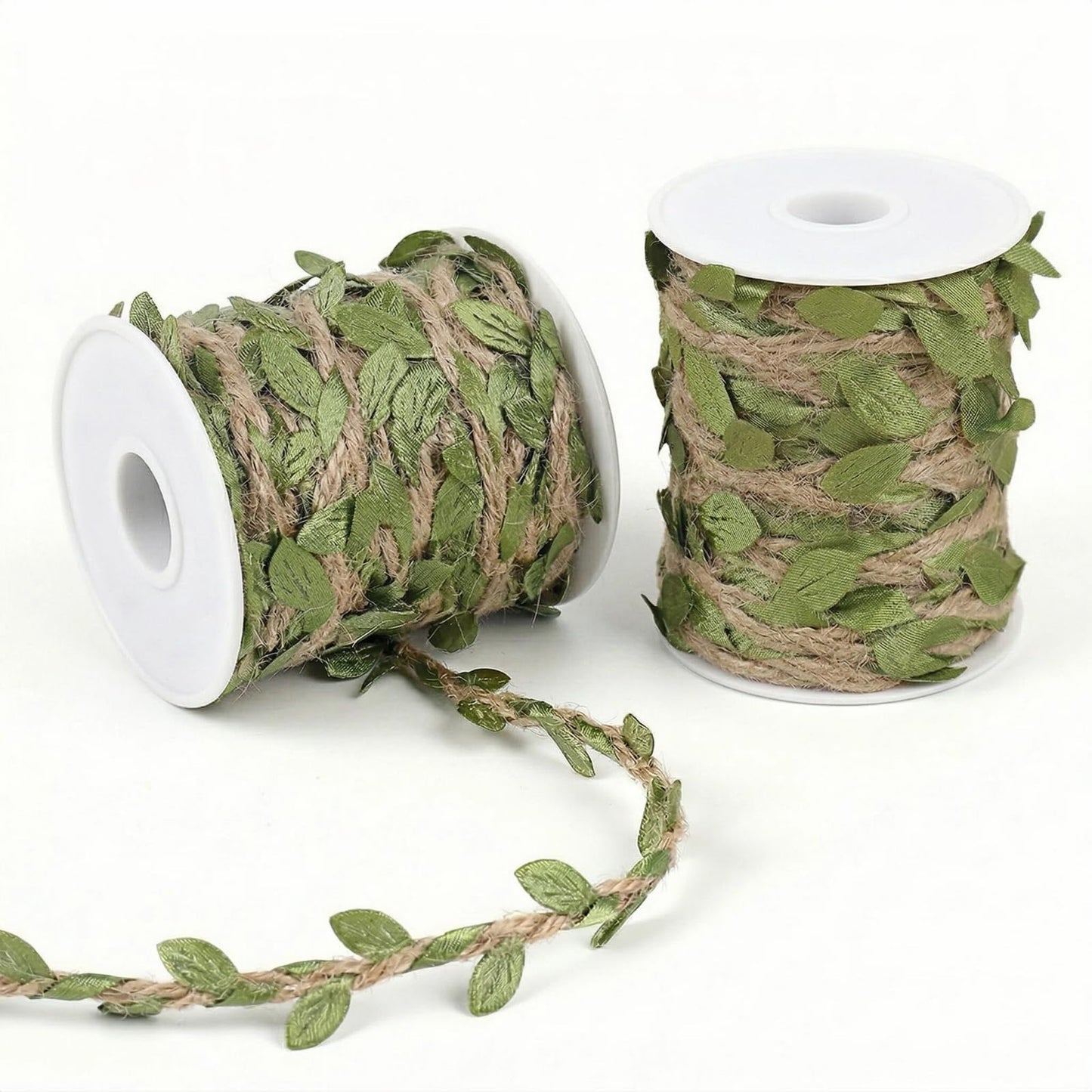 XYXGFCHP Burlap Leaf Ribbon, 196Ft (2x98Ft) 5mm Natural Jute Twine with Artificial Green Leaves & Vine for DIY Crafts, Gift Wrap, Jungle Safari Party, Baby Shower, Rustic Wedding, Garden & Home Decor