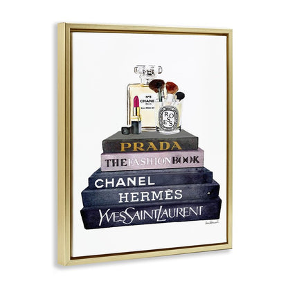 Stupell Industries Glam Fashion Book Set With Makeup, Design by Amanda Greenwood, 24 x 30, Gold Floater Framed