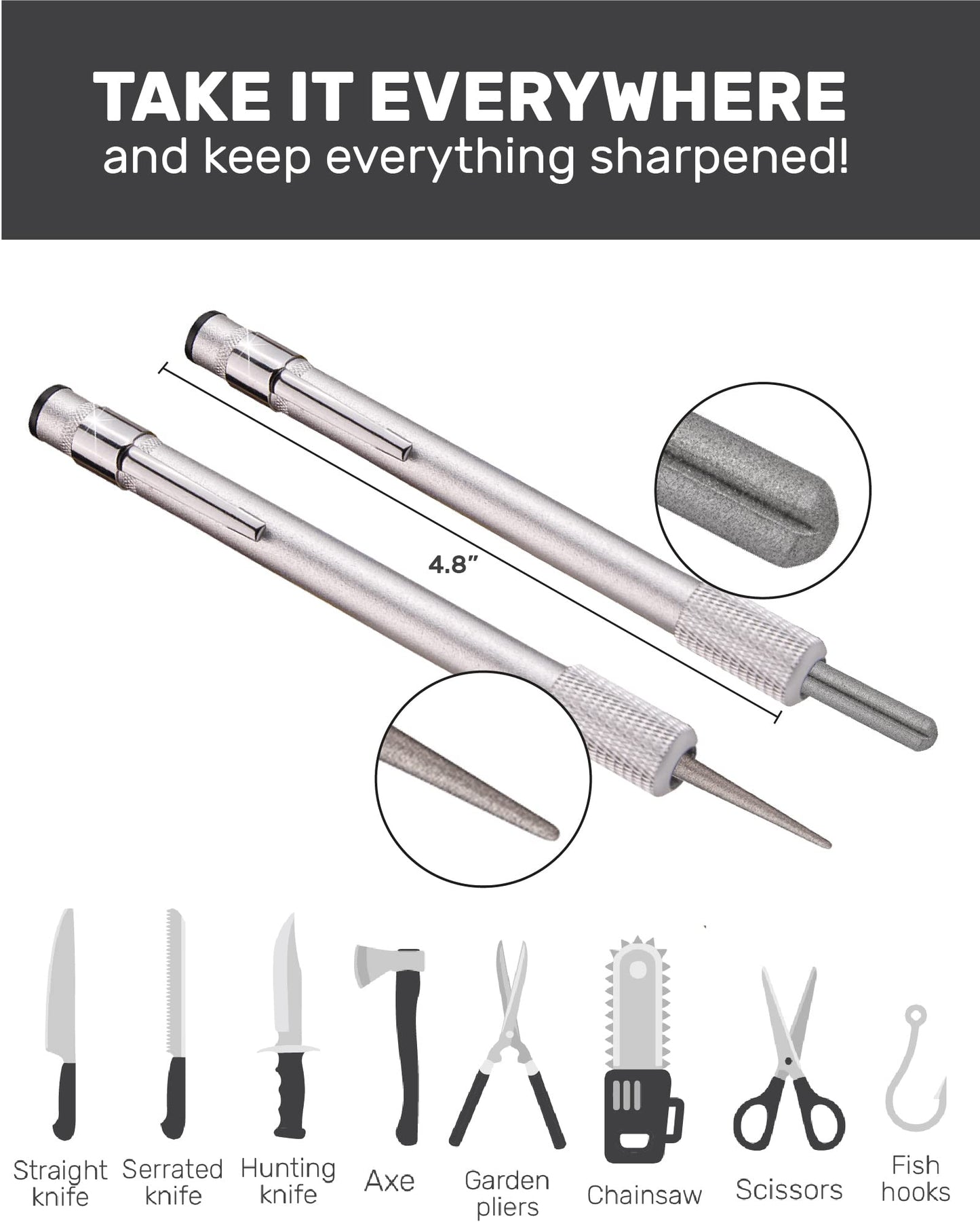 Wamery Serrated Knife Sharpener - Retractable Diamond Rod Pocket Sharpener for Serrated & Straight Blades - Multifunctional Sharpening Tool for Outdoor Kitchen Fishing Hunting (Silver)