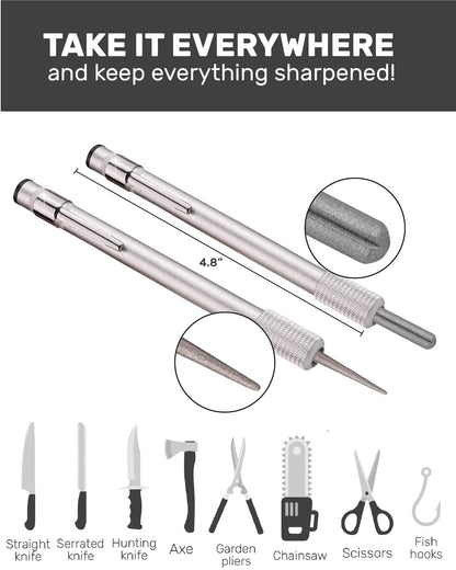 Wamery Serrated Knife Sharpener - Retractable Diamond Rod Pocket Sharpener for Serrated & Straight Blades - Multifunctional Sharpening Tool for Outdoor Kitchen Fishing Hunting (Silver)