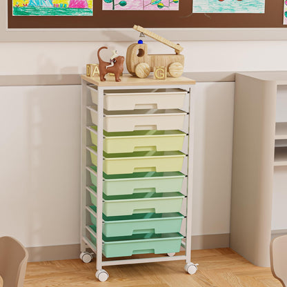 Rolling Storage Cart with 8 Drawers & Wooden Tabletop, Utility Cart On Wheels for Craft Storage, Home, School, Bedroom, Living Room, Dorm, Office, Classroom Storage Organizer Cart, Green, White