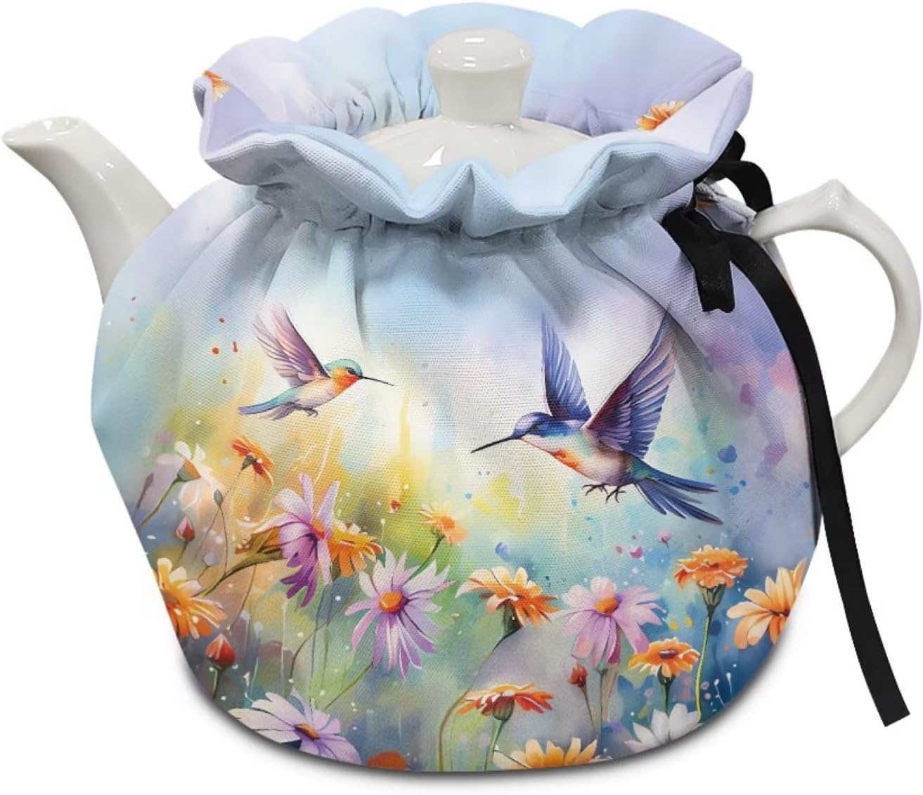 Floral Hummingbird Tea Cozy for Teapot, Kitchen Kettle Cover, Soft Cloth Dust Cover for Coffee Pot and Tea Pot
