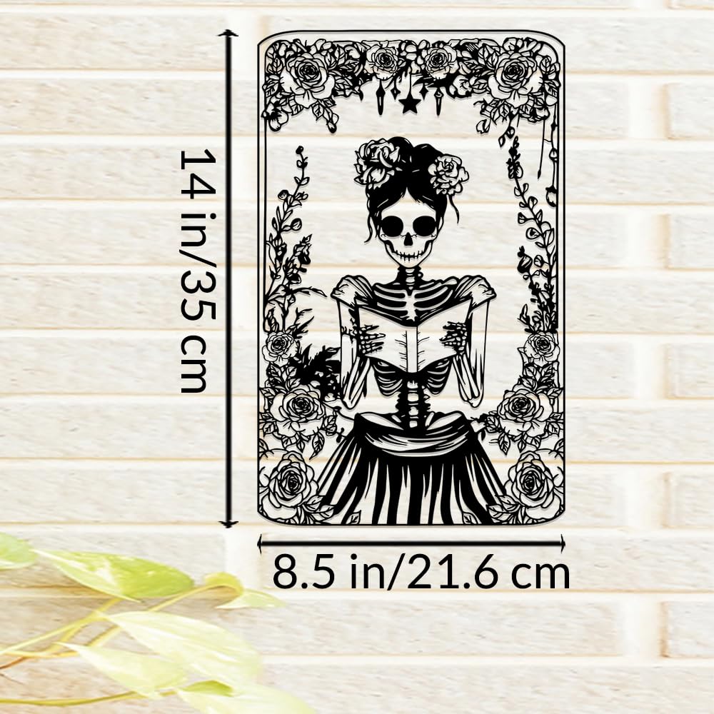 Skull Flower Metal Sign Art Decor,Skull Reading Book Silhouette Signs Wall Hanging Gifts for Birthday Halloween,Female Skeleton Plaque Decorate for Living Room Bedroom Garden Farmhouse Indoor Outdoor