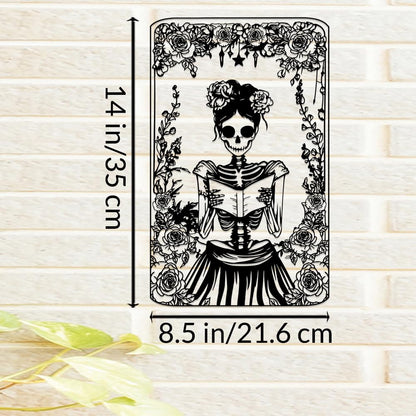 Skull Flower Metal Sign Art Decor,Skull Reading Book Silhouette Signs Wall Hanging Gifts for Birthday Halloween,Female Skeleton Plaque Decorate for Living Room Bedroom Garden Farmhouse Indoor Outdoor
