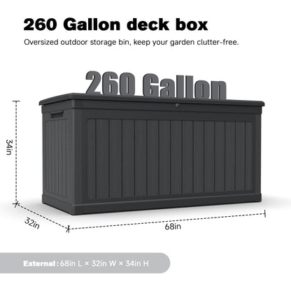 Seeheool 260 Gallon Large Outdoor Storage XXL Deck Box for Patio Furniture, Outdoor Cushions, Garden Tools and Sports/Pools Equipment, Waterproof Resin, Lockable, Black
