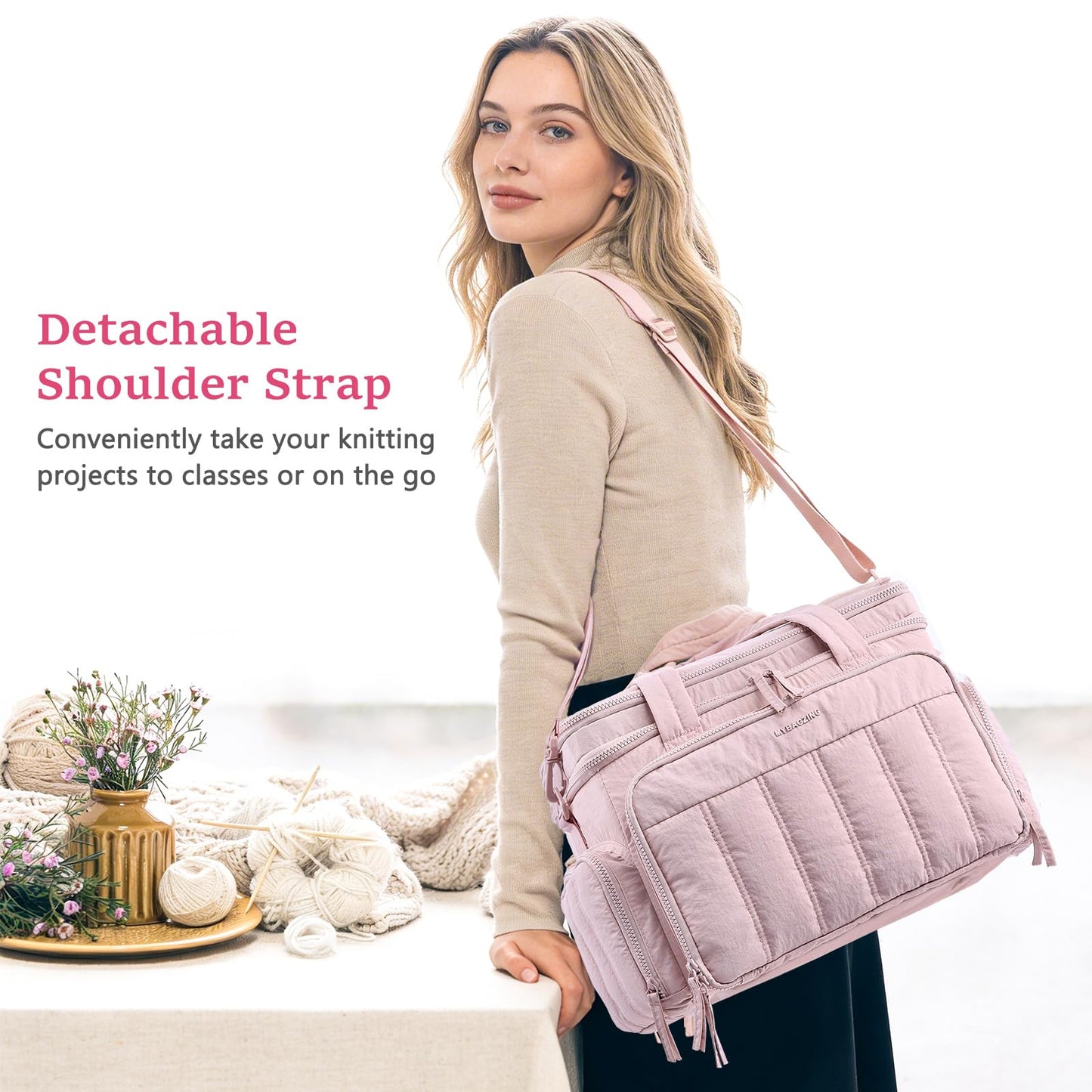 MYBAGZING Large Knitting & Crochet Bag Organizer for Yarn Storage, Double-Layer Knitting Project Bag with 6 Grommets, Yarn Organizer Tote for Knitting Supplies Crochet Hooks & Accessories Gift for Mom