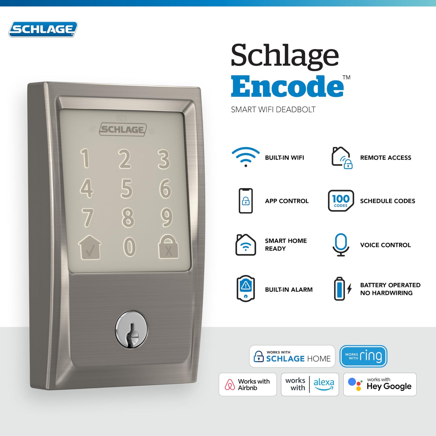 Schlage Encode Smart WiFi Deadbolt Lock for Front Door - Keyless Entry with App or Touchscreen - Works with Alexa, Hey Google, & Airbnb - Create Codes for Guests - Matte Black