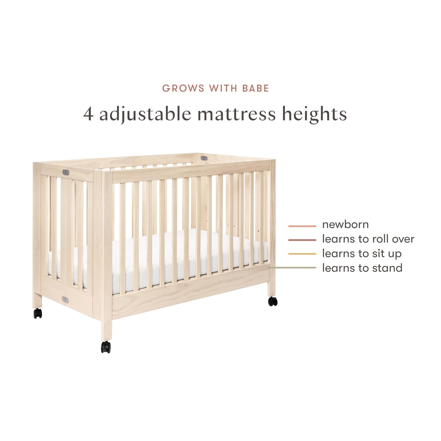 Babyletto Maki Full-Size 2-in-1 Portable Folding Crib with Toddler Bed Conversion Kit in Washed Natural, Greenguard Gold Certified