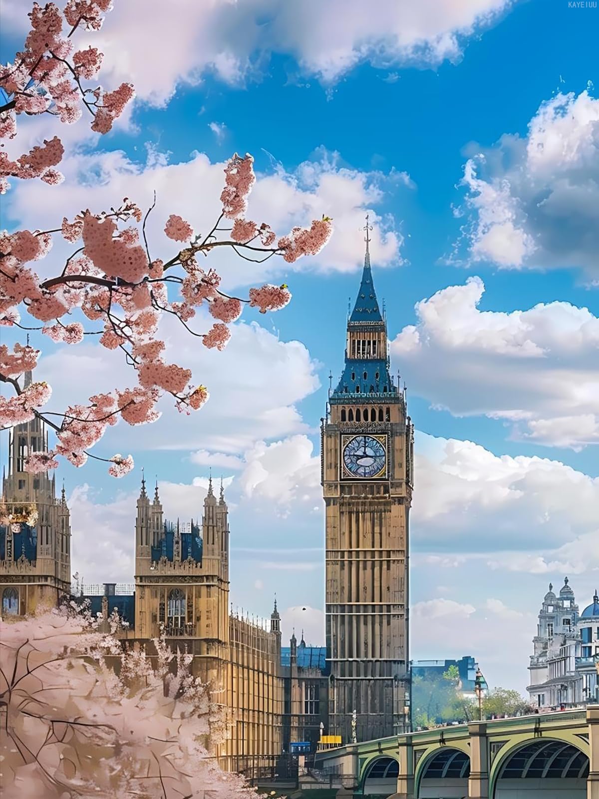 KAYEIUU Big Ben in The Spring 5D DIY Full Drill Round Art Diamond Art Perfect for Home Wall Decor Big Ben Diamond Painting Kits for Adults 12x16 inch