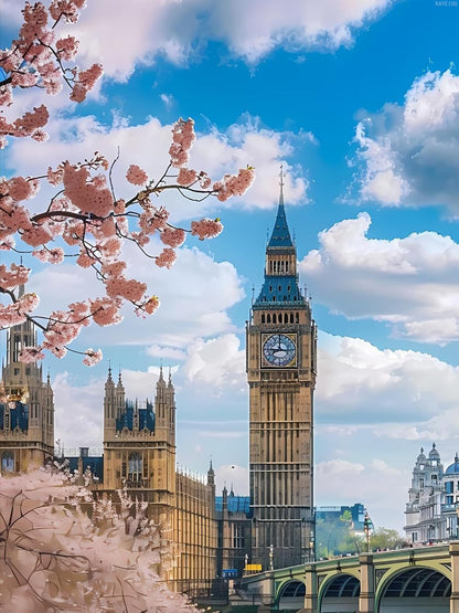 KAYEIUU Big Ben in The Spring 5D DIY Full Drill Round Art Diamond Art Perfect for Home Wall Decor Big Ben Diamond Painting Kits for Adults 12x16 inch