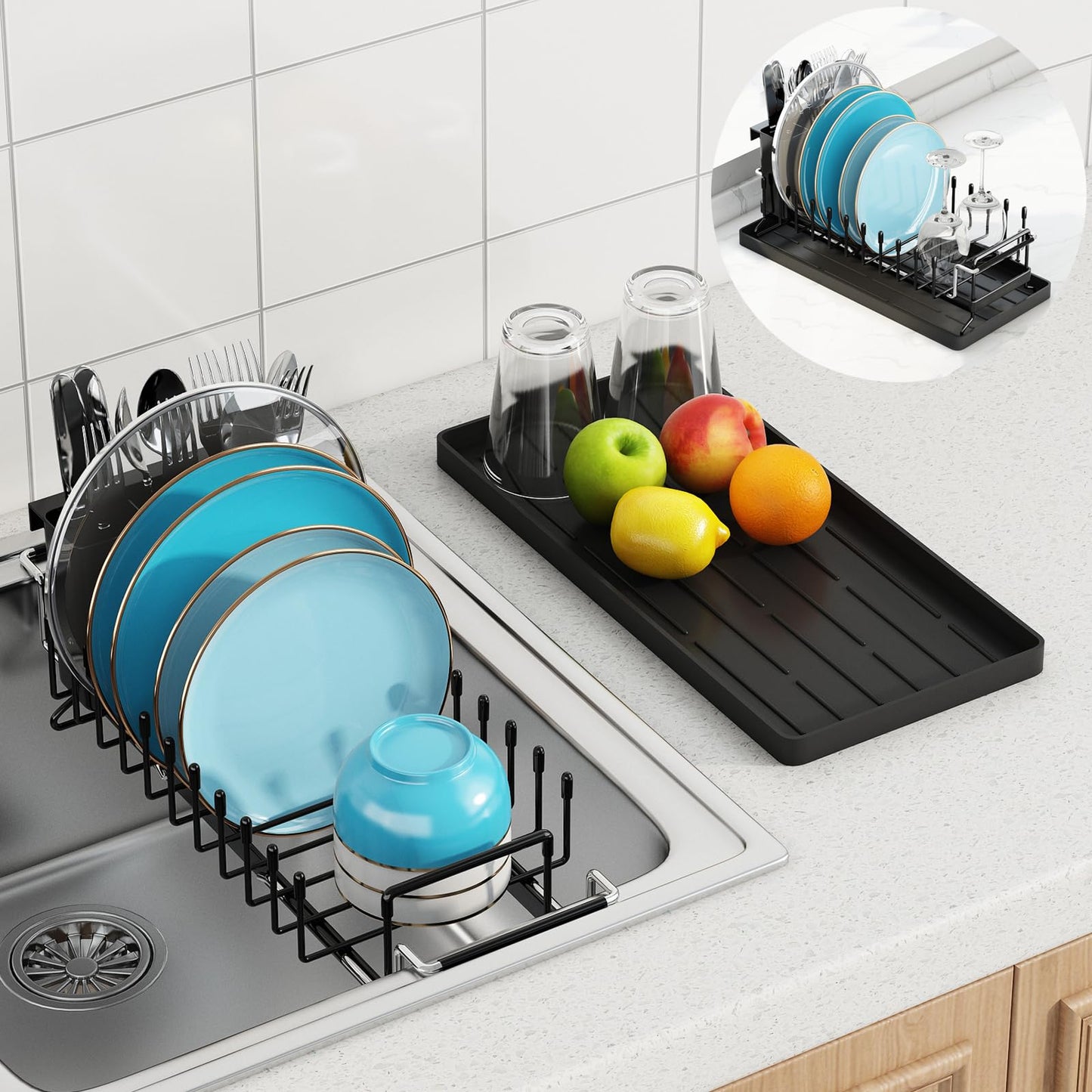 ANTOPY Sink Dish Drying Rack - Expandable Small Dish Rack Over Sinks with Silicone Drying Tray, Dish Drainer for Kitchen Counter with Cutlery Holder, Drying Rack Fit for 14’’-19’’ Kitchen Sink