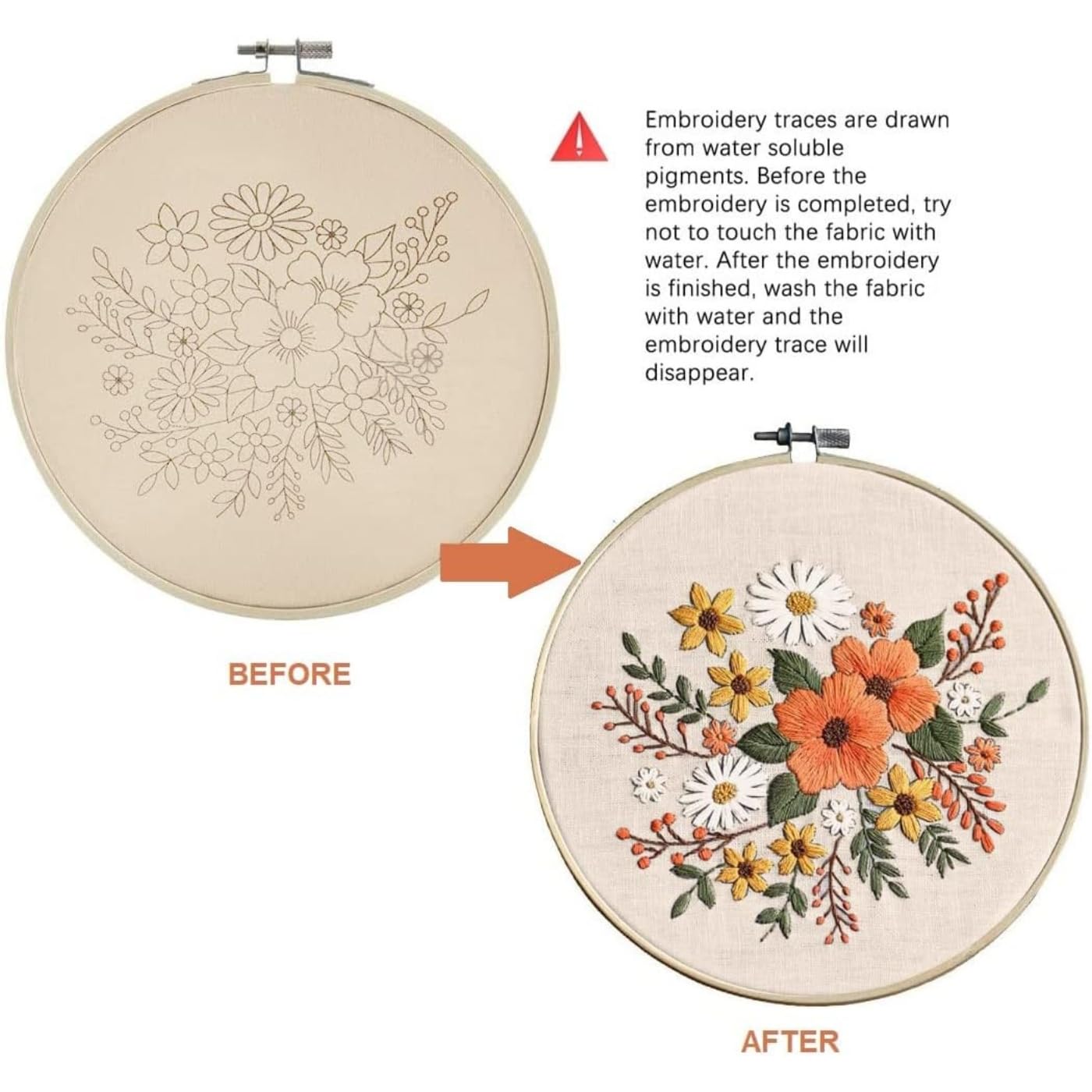 Arte Vita Embroidery Starter Kit Orange Flower Pattern Full Range DIY Beginner Hand Stitch Set Including Stamped Cloth, Bamboo Hoop, Color Threads, Needles Floral
