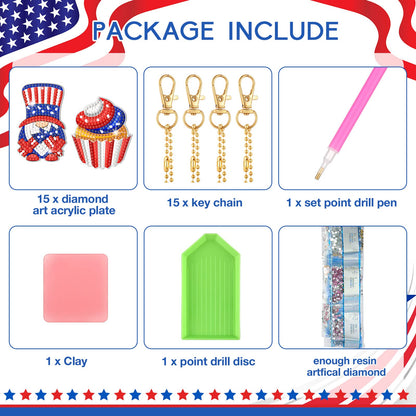 Ecally 15 Pcs Patriotic 4th of July Diamond Painting Keychains 5D DIY Art Ornaments for Independence Day Decor (Vivid)