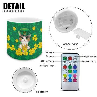 Merkmak 4 Pack Cute Cat Flameless Candles with Timers Flickering Battery Operated LED Candles with Remote St Patrick's Day Shamrocks Tea Lights for Party, Banquet, Home Decoration