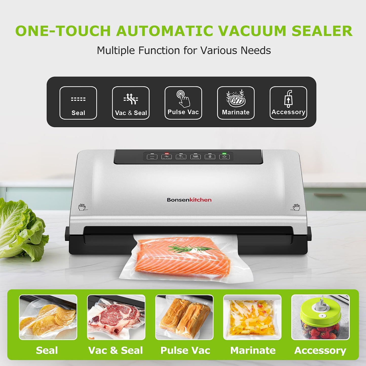 Bonsenkitchen Vacuum Sealer Machine, Built-in Cutter | Bag Storage, Multifunctional Food Sealer for Sous Vide & Meal Prep, 1 Roll Bag & 5 Pre-Cut Bags, Silver