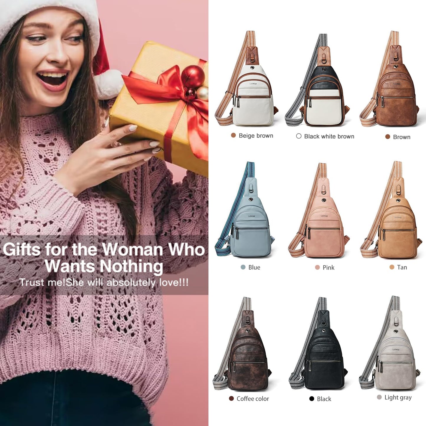 LATMAP Sling Bag For Women Faux Leather Anti Theft Small Casual