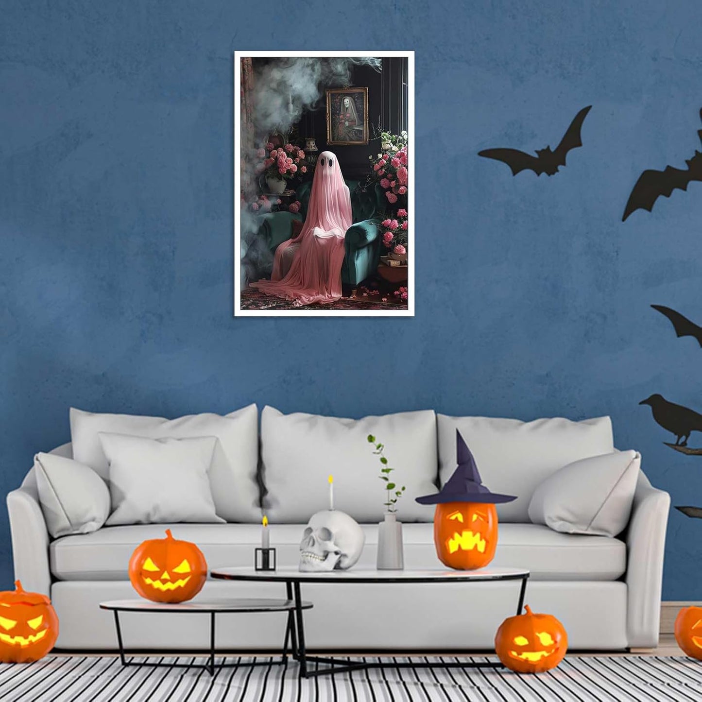ADRHGCY Retro Pink Ghost Posters, Cute Horror Scary Wall Art, Ghost Figure Sitting on Weeds, 12x16in Unframed
