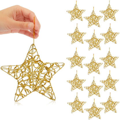 16 pc Christmas Tree Star Ornament Set - 3.15" Gold Glitter Pentagrams