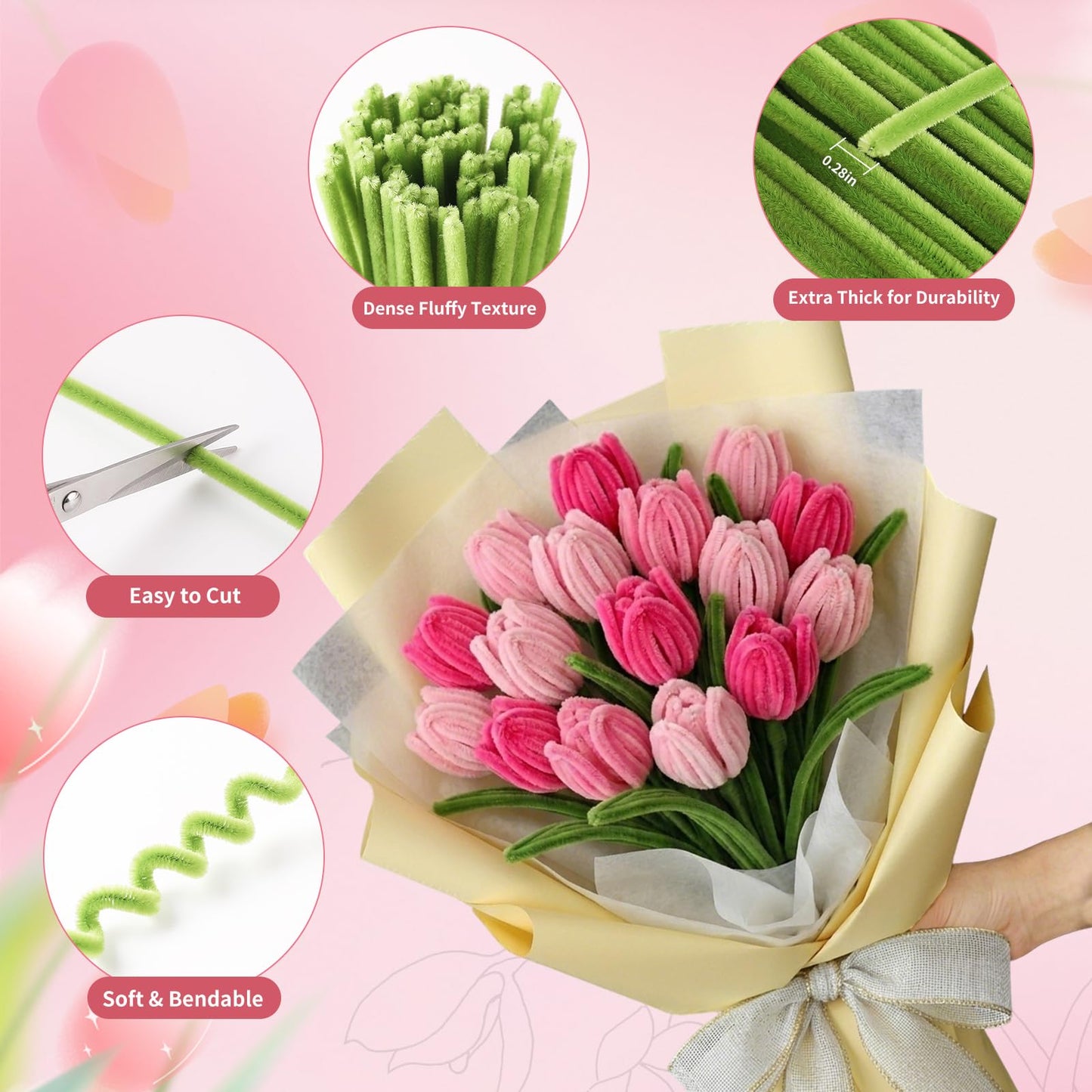 400PCS Pipe Cleaners Craft Kit, DIY Flower Making Supplies with Chenille Stems, Floral Wires, Glue Sticks, Gardening Tape, Stamen & Ribbon, Creative Handmade Mothers Day Gift, Art and Craft Supplies