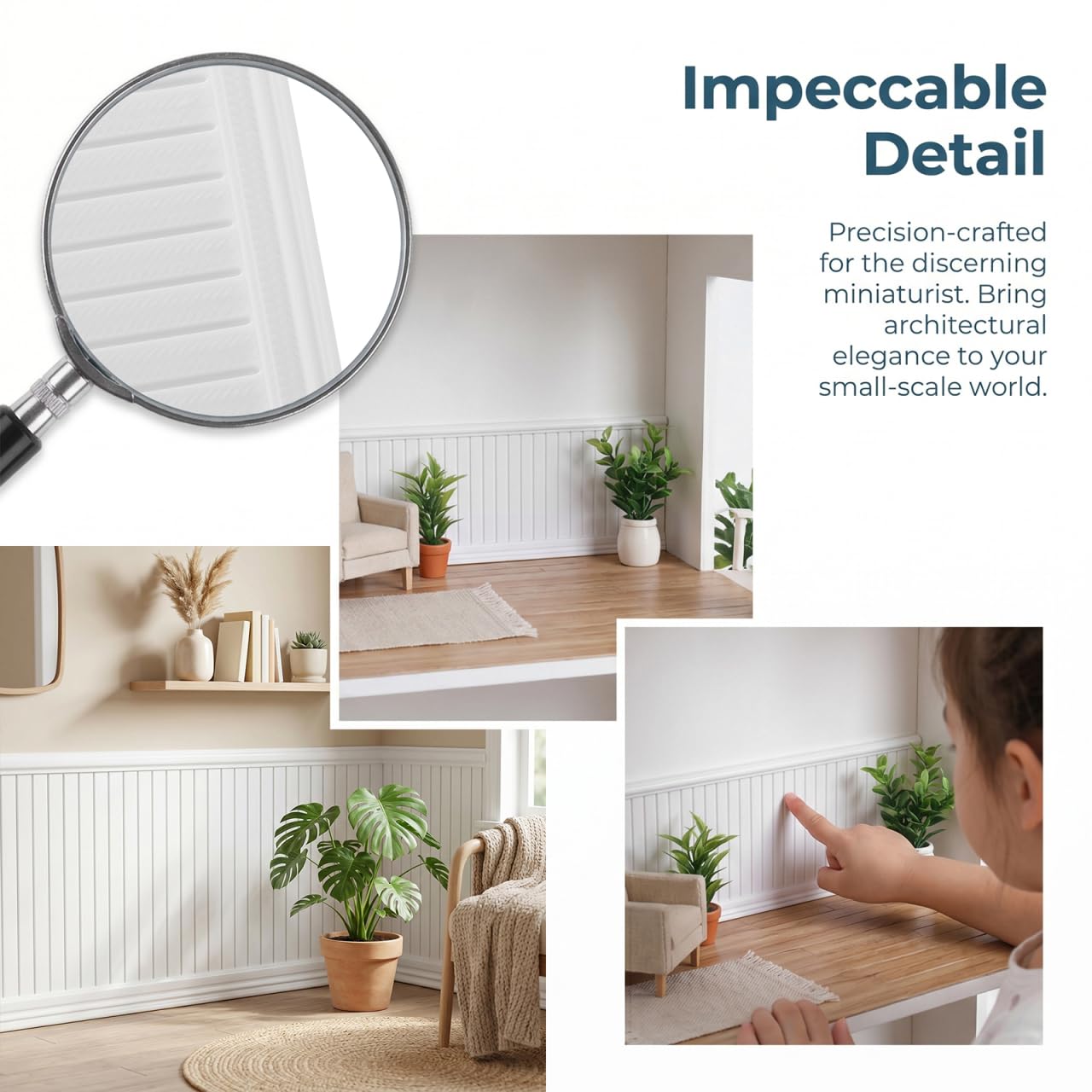 Garneck 5Pcs Dollhouse Wainscoting Panels: 1:12 Scale Miniature Wall Trim Self Adhesive White Wallpaper Molding for Doll House Interior Decor DIY Room Scene Siding Accessories