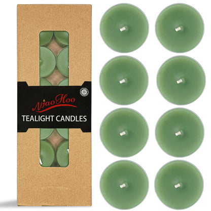 NJAO HOO 24 Pack Sage & Sea Salt Scented Tealight Candles 6 Hours Burn Grass Green Tea Candle Clear Cup Small Round Candle for Home Decor and Aromatherapy